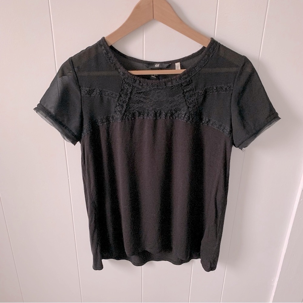 H&M black T-shirt top sheer sleeves